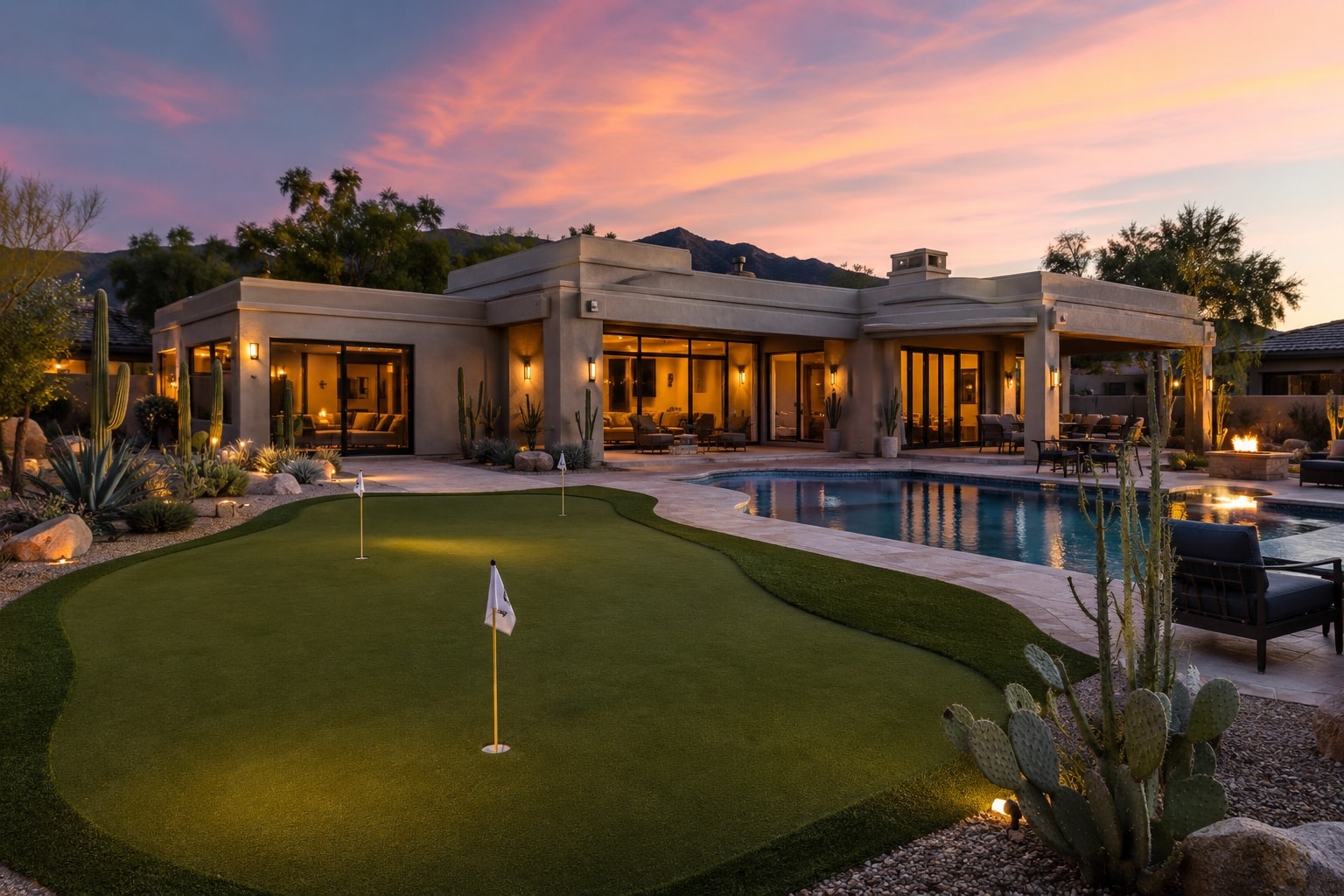 Luxury Arizona backyard putting green at dusk