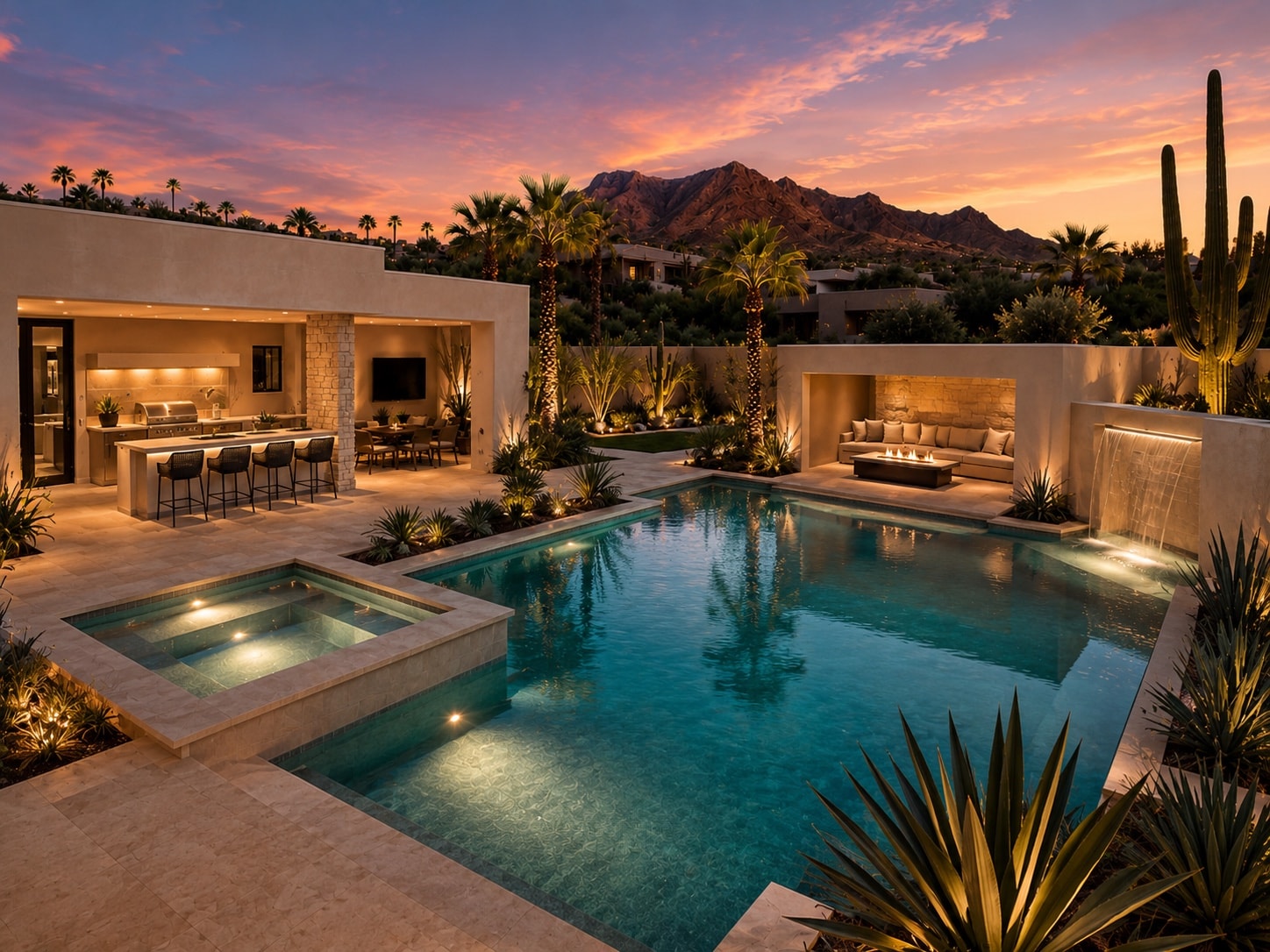 Luxury Arizona resort pool, spa and fire features at dusk