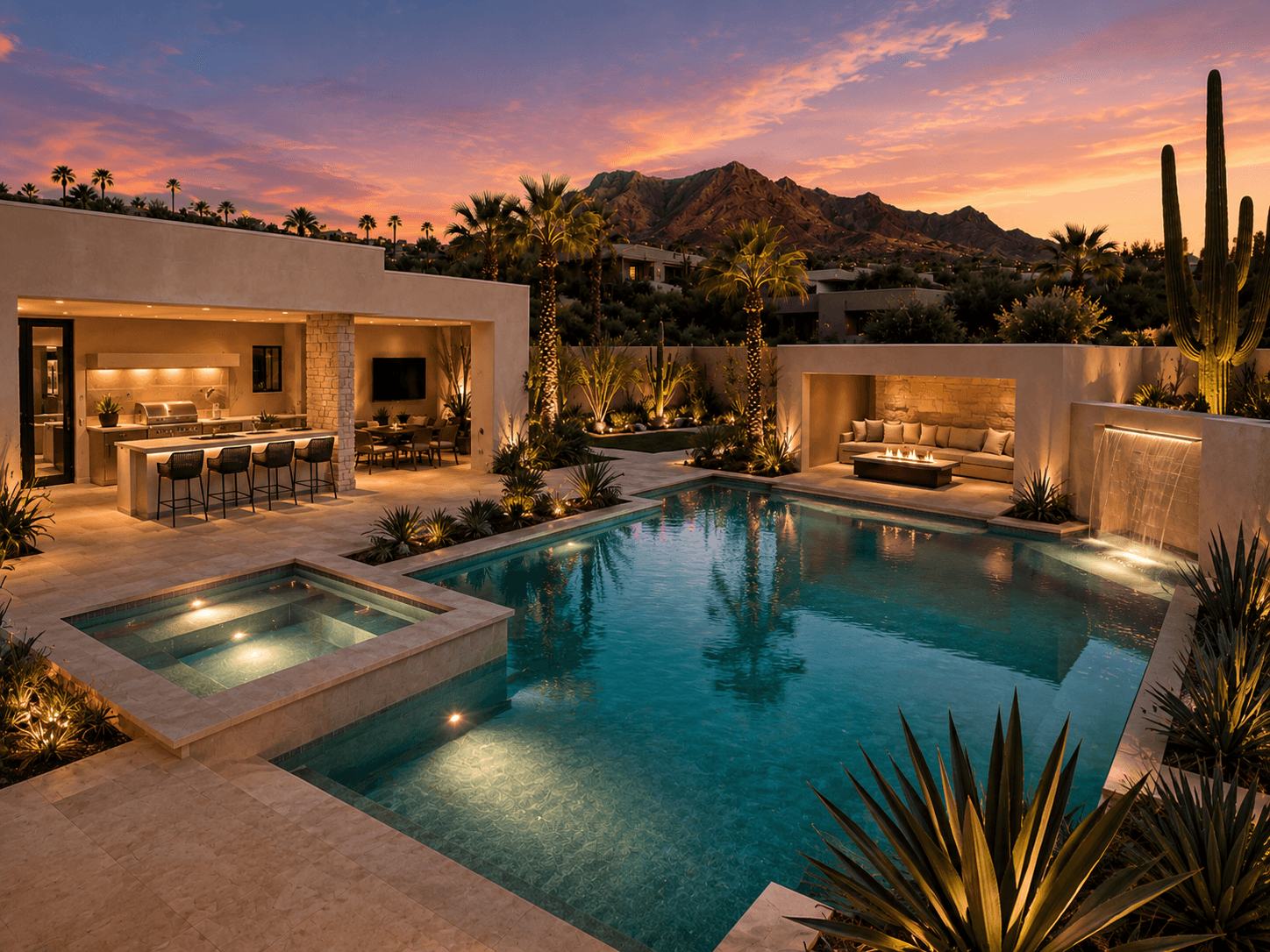 Resort-style Arizona backyard at dusk — pool, kitchen, fire and desert planting